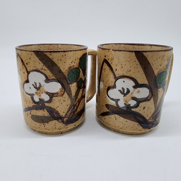 Vintage Handmade Speckled Ceramic Mugs With Floral Design & Japan Mark - Picture 1 of 6